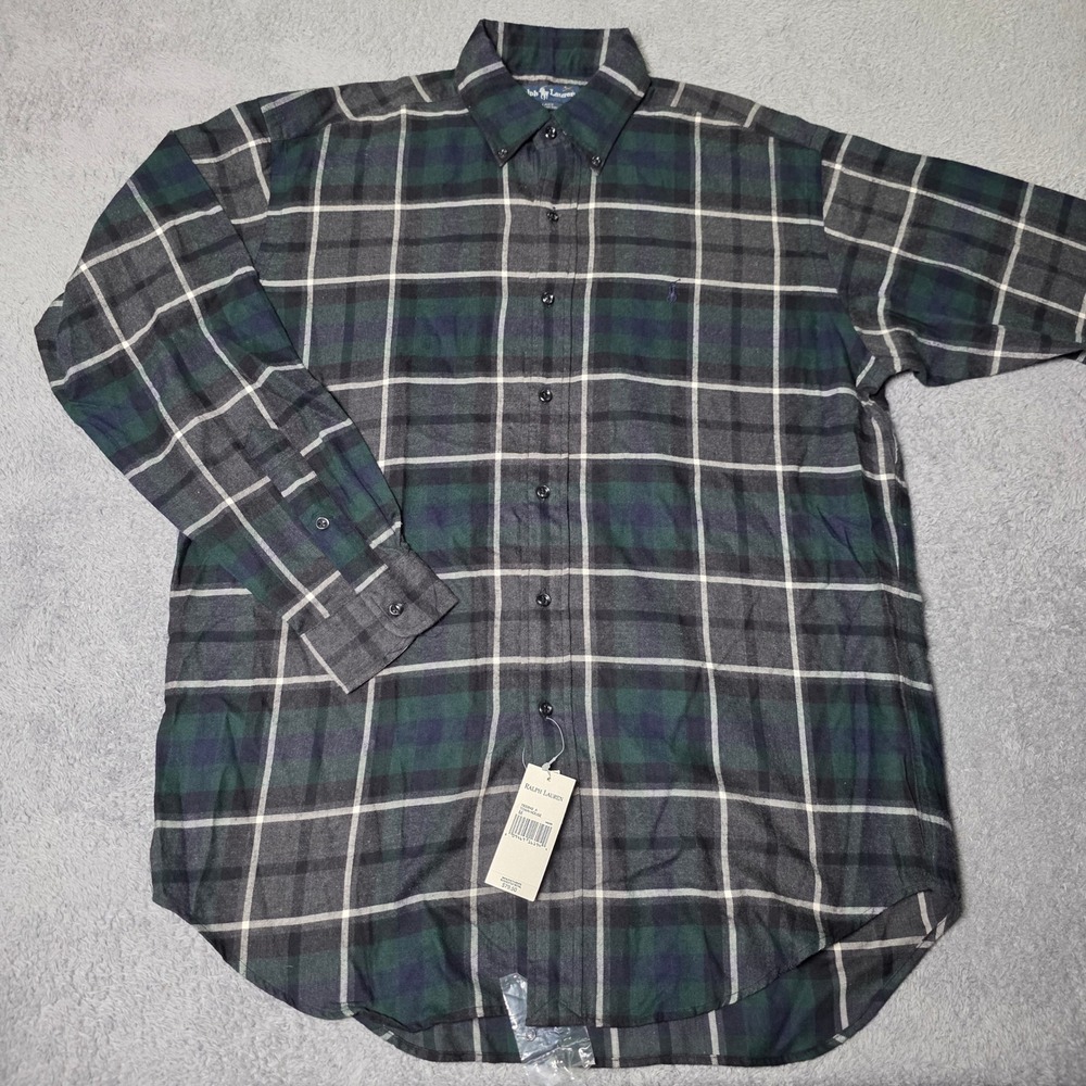 Ralph Lauren Mens M Blake Shirt Green Navy Plaid Cotton Flannel Button Down VTG